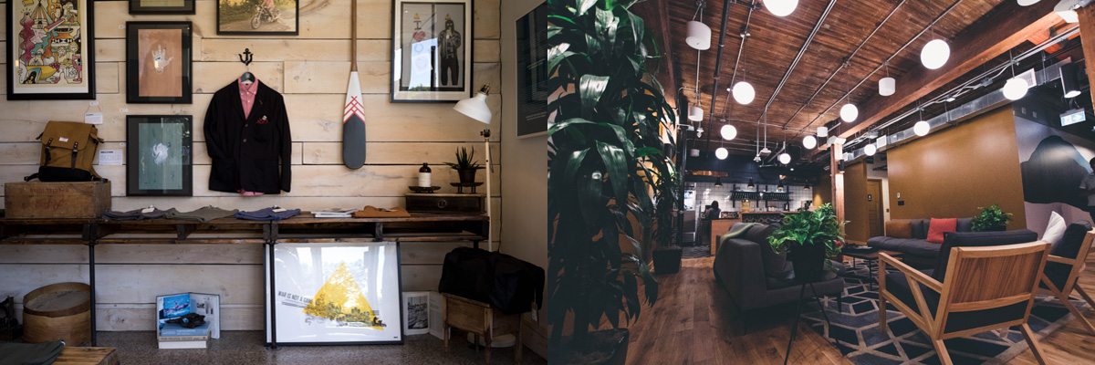 view of a small clothing store an a lounge area both in a commercial building