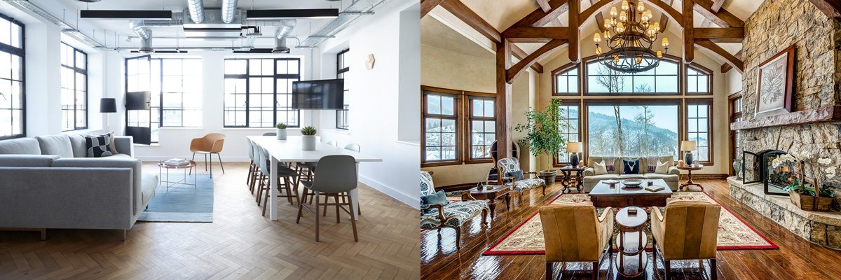 modern white decor office with sofa and 8 chair conference table and traditional living room with wood framed valuted ceiling and flag stone fireplace